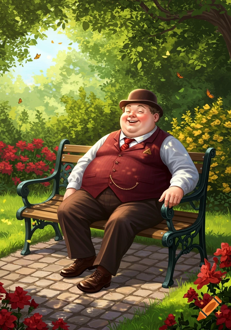 A smiling, heavyset man in a bowler hat and red vest sits on a park bench amidst trees, colorful flowers, and butterflies, in a vibrant illustration.