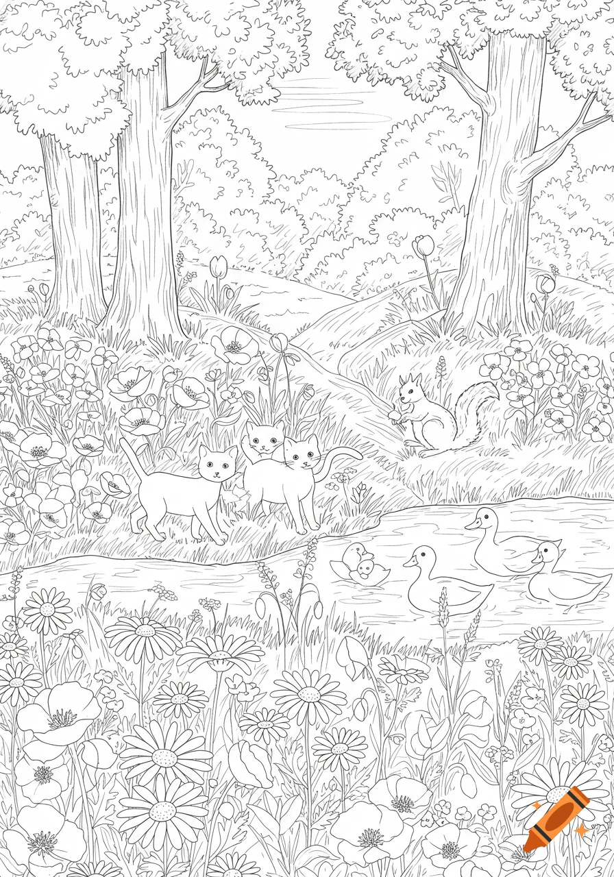 Whimsical line drawing of a wildflower meadow with cats, a squirrel, and ducks in a pond.