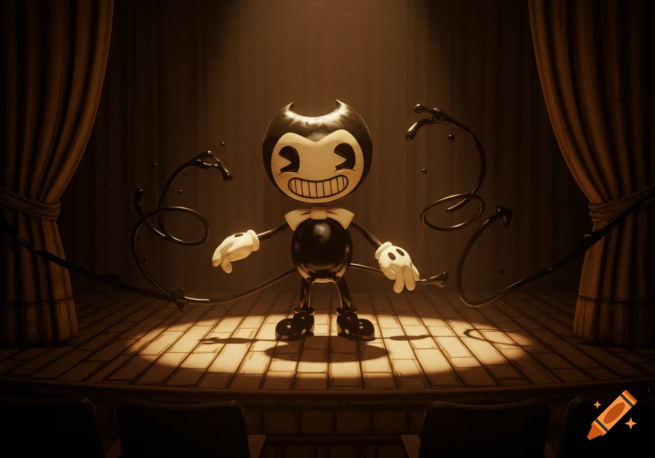 A stylized, black and white cartoon character, Bendy, stands grinning on a dimly lit stage with curtains, surrounded by swirling ink.