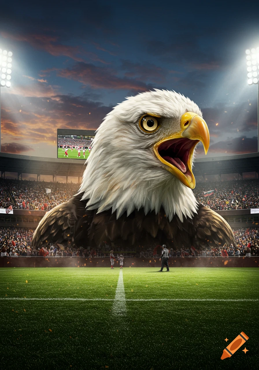A colossal screaming bald eagle towers over a vibrant, crowded football stadium with a game visible on the field, photorealistic.