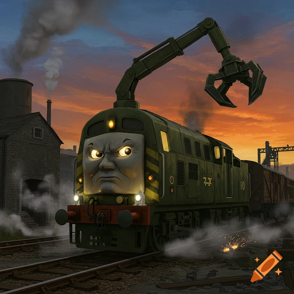 A cartoon Diesel 10 train with a large claw arm and an angry face, steaming on tracks at sunset in an industrial area.