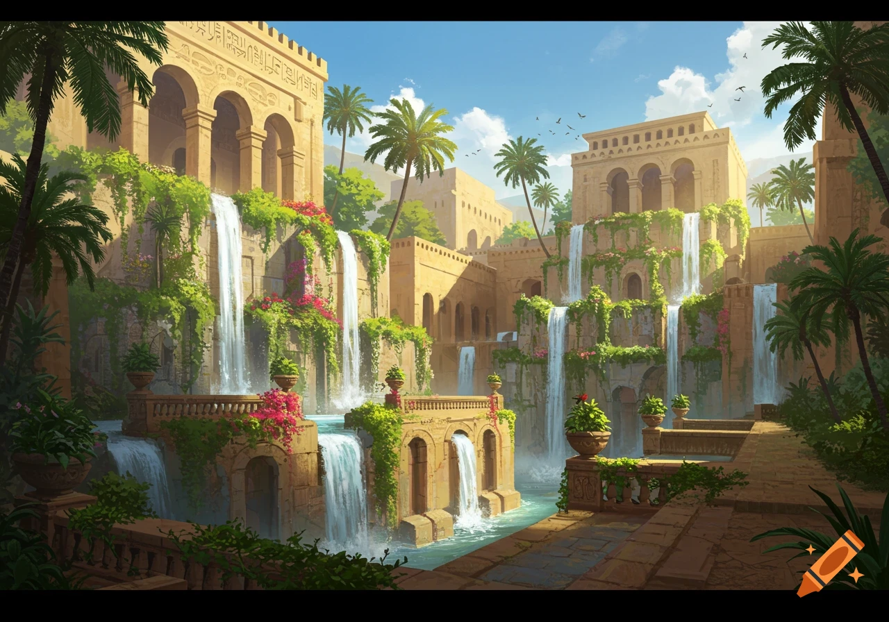 Lush ancient terraced garden with waterfalls cascading down ornate stone buildings, surrounded by palm trees under a bright blue sky.