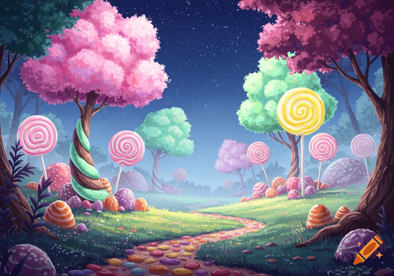A vibrant, whimsical candy forest at night with lollipop trees, colorful mushroom-like candies, and a winding path.