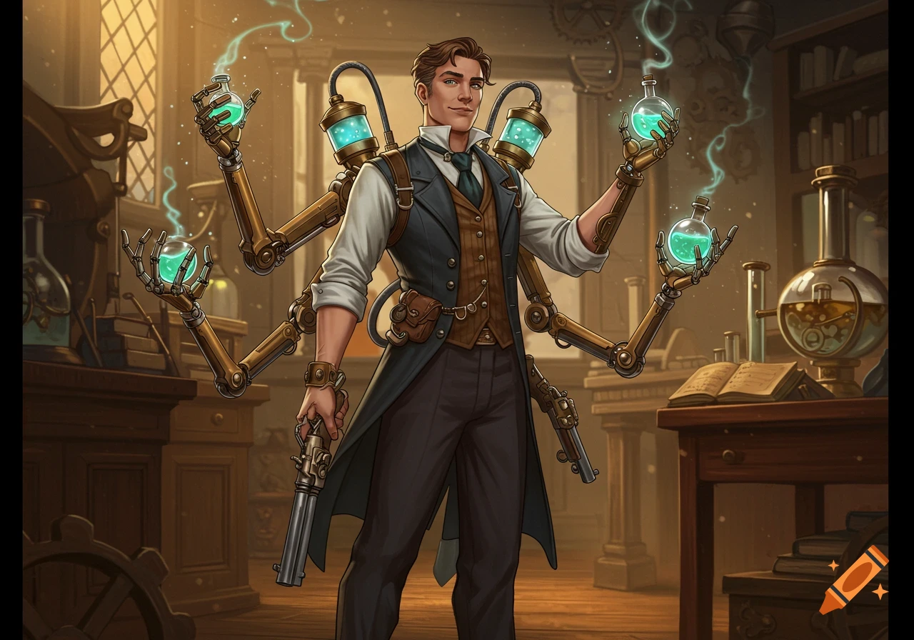 A male artificer with multiple robotic arms, holding glowing green potions and pistols, stands in a steampunk workshop.