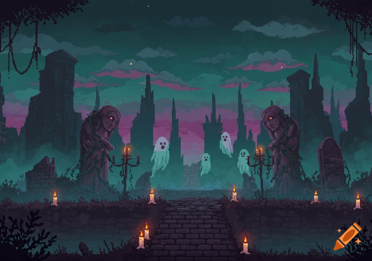 Pixel art graveyard scene with ruins, glowing-eyed statues, floating ghosts, and candles illuminating a stone path under a twilight sky.