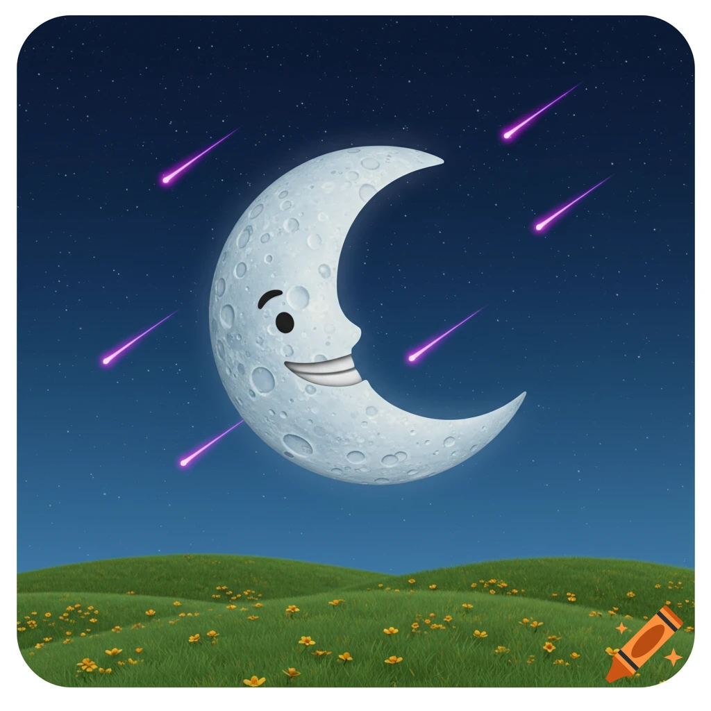 A cartoon crescent moon with a smiling face in a starry night sky with purple shooting stars over a green grassy hill with yellow flowers.
