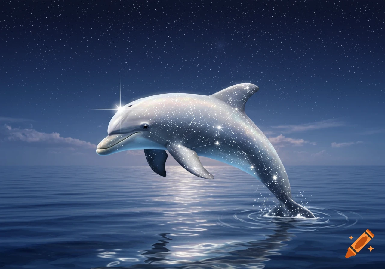 A dolphin with a starry constellation pattern leaping from a reflective ocean under a clear night sky filled with stars.