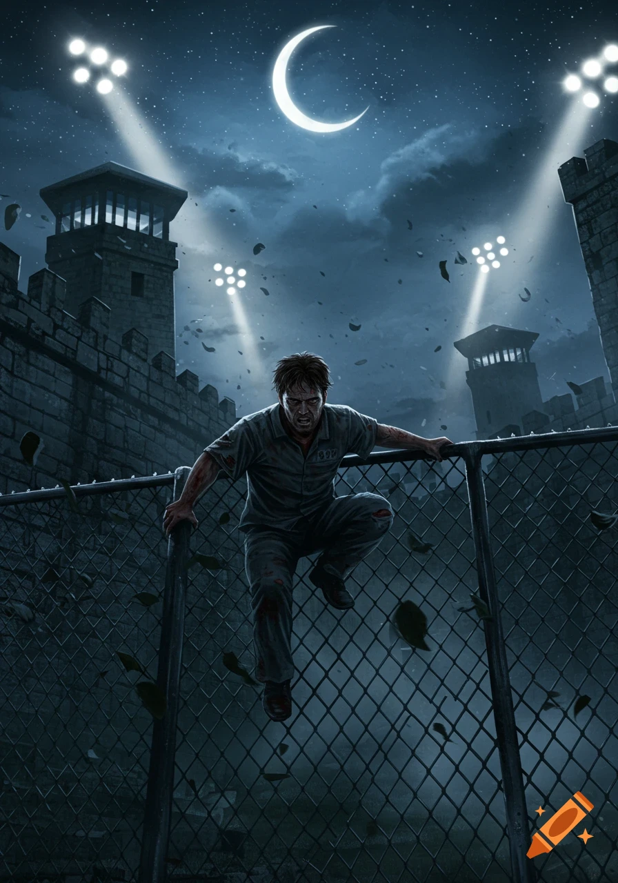 A man in a prisoner uniform, bruised and bloody, scales a chain-link fence under a crescent moon and spotlights, escaping a dark prison. Digital art.
