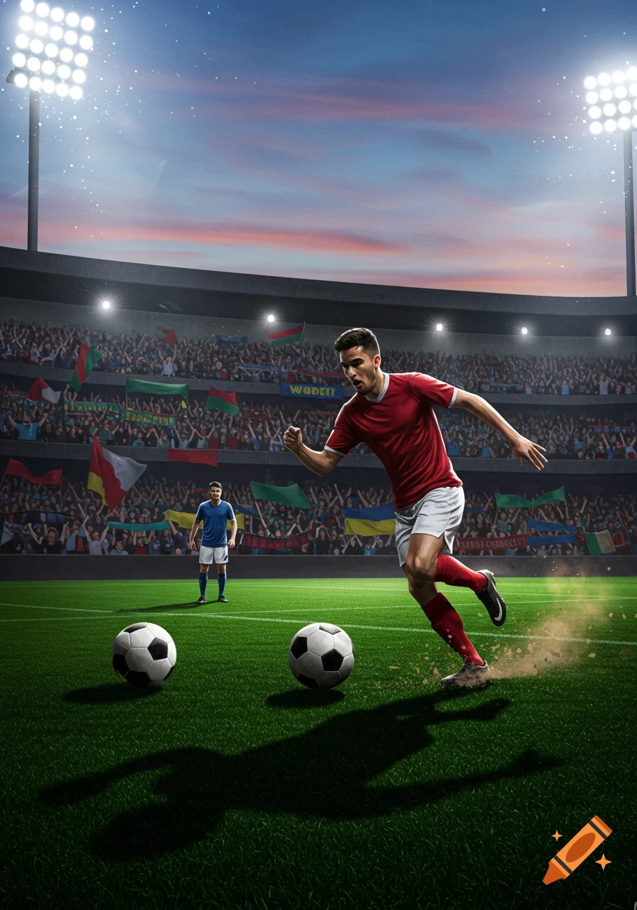 A photorealistic image of a football player in a red jersey running with a ball on a green field in a packed stadium at sunset.