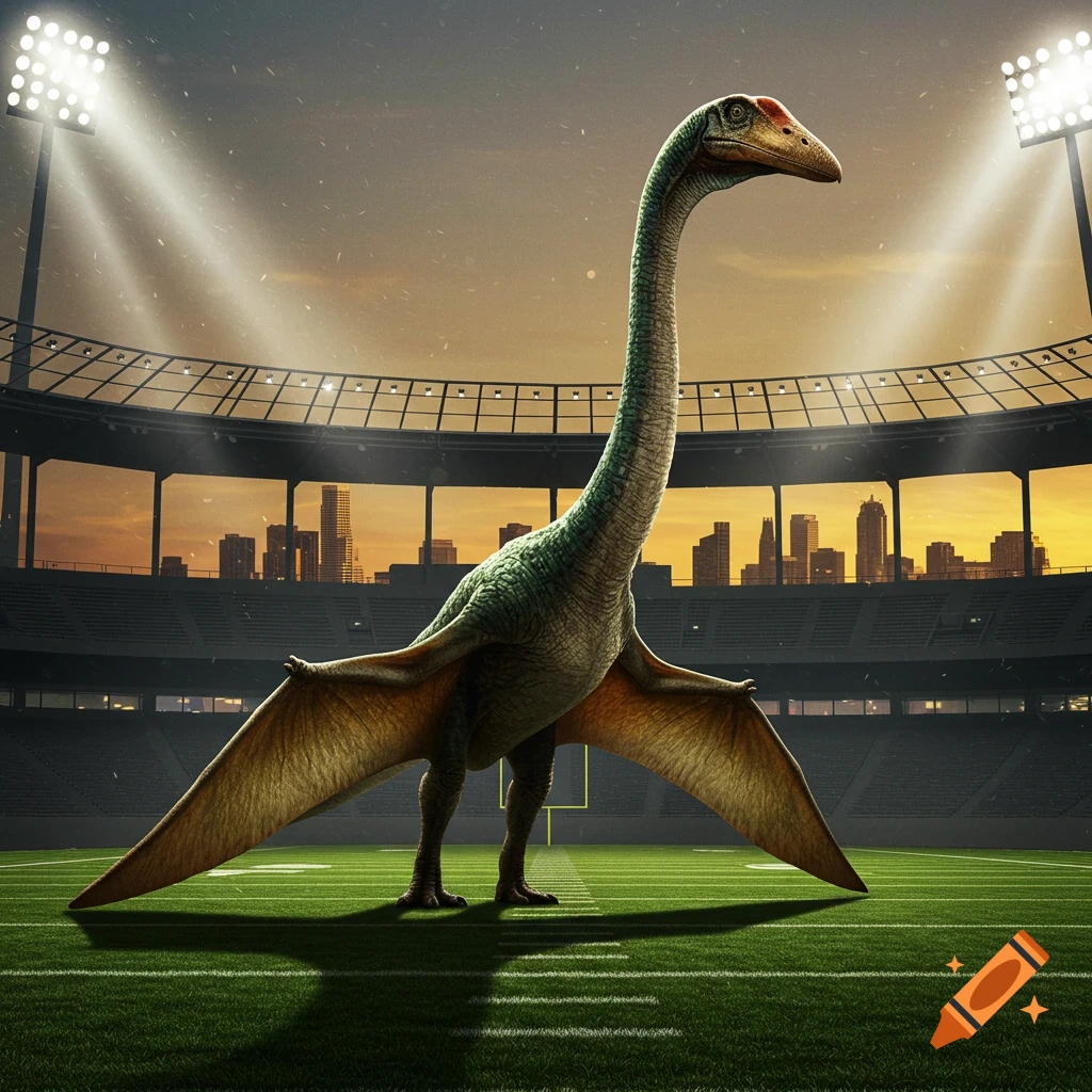 A large Quetzalcoatlus dinosaur stands on a football field in a stadium with a city skyline at sunset.
