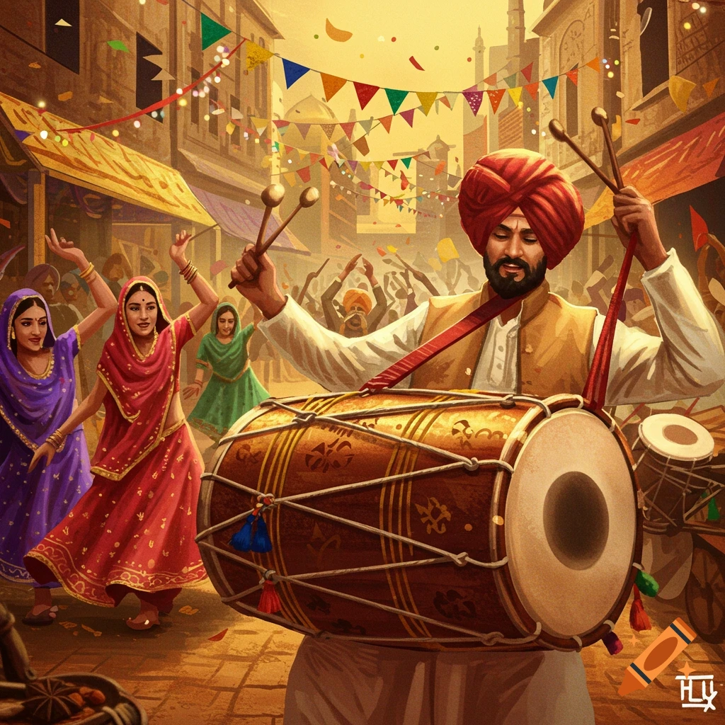A vibrant illustration of a man playing a dhol drum in a street festival with people dancing and colorful decorations.