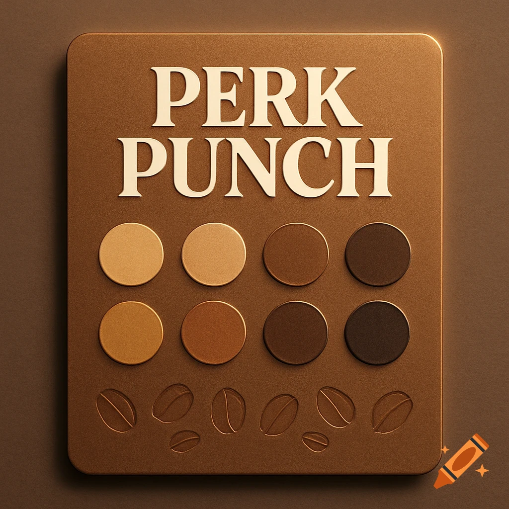 A bronze-brown loyalty punch card with 'PERK PUNCH' text, eight circular spots, and embossed coffee beans.