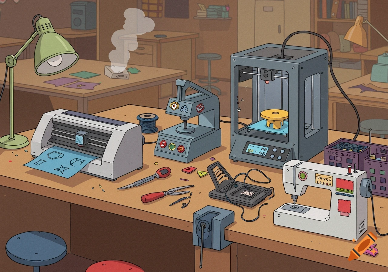 A cartoon illustration of a messy makerspace bench with a 3D printer, badge press, vinyl cutter, soldering tools, and a sewing machine.