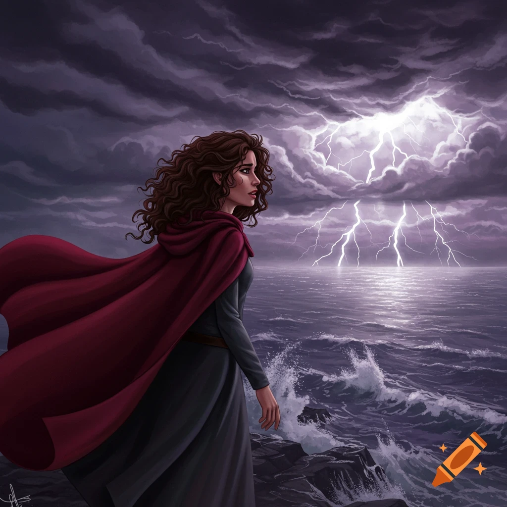 A woman with curly brown hair and a red cape stands on a rocky shore, gazing at lightning flashing over a dark, stormy sea.