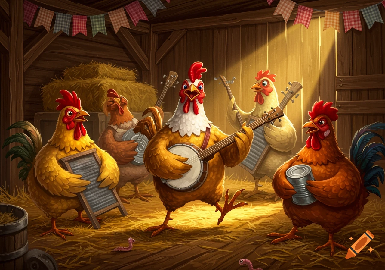 A cartoon hillbilly chicken band performs in a rustic barn with hay and worms.