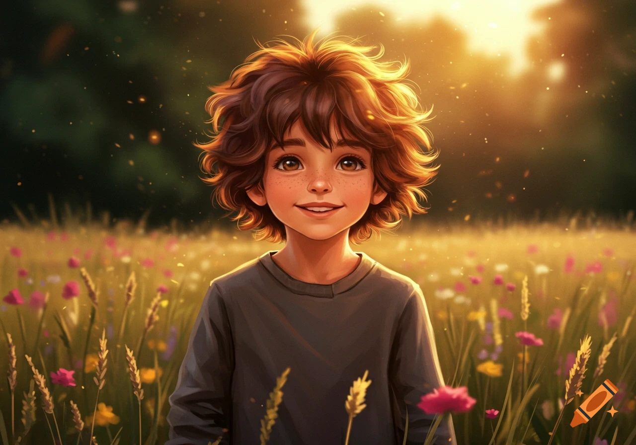 A smiling cartoon child with curly brown hair stands in a sunny field of wildflowers.