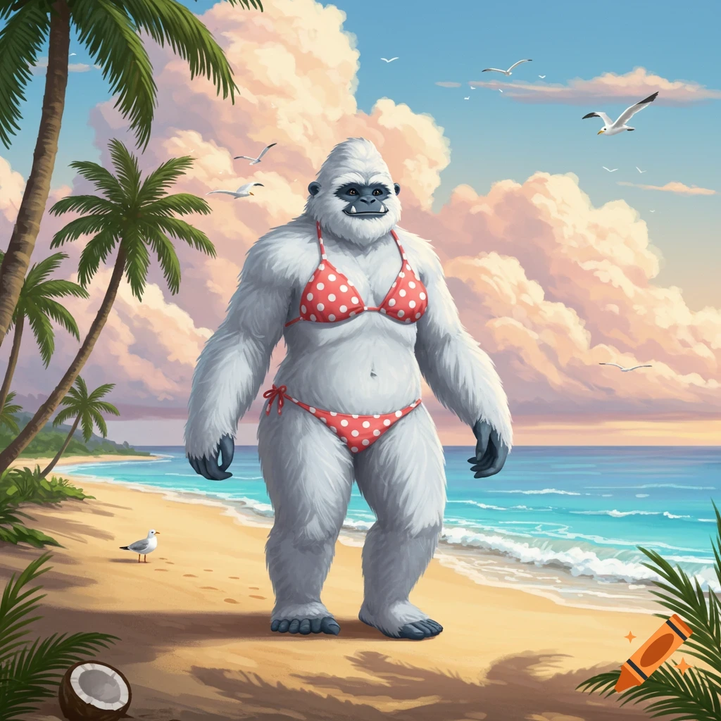 A cartoon yeti in a red polka-dot bikini stands on a sunny tropical beach with palm trees and seagulls.