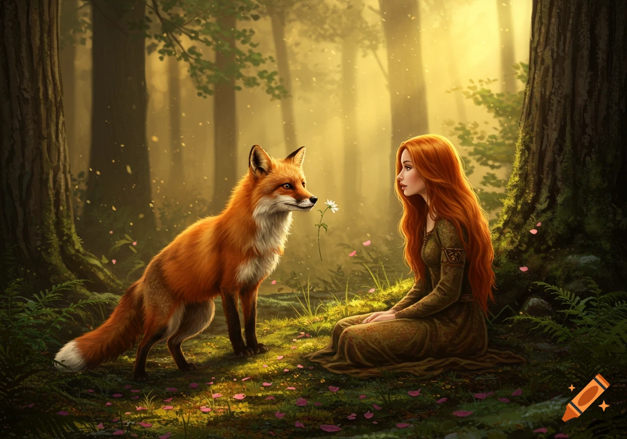 A red-haired woman in a green dress sits in a sunlit forest, looking at a fox offering her a white flower.