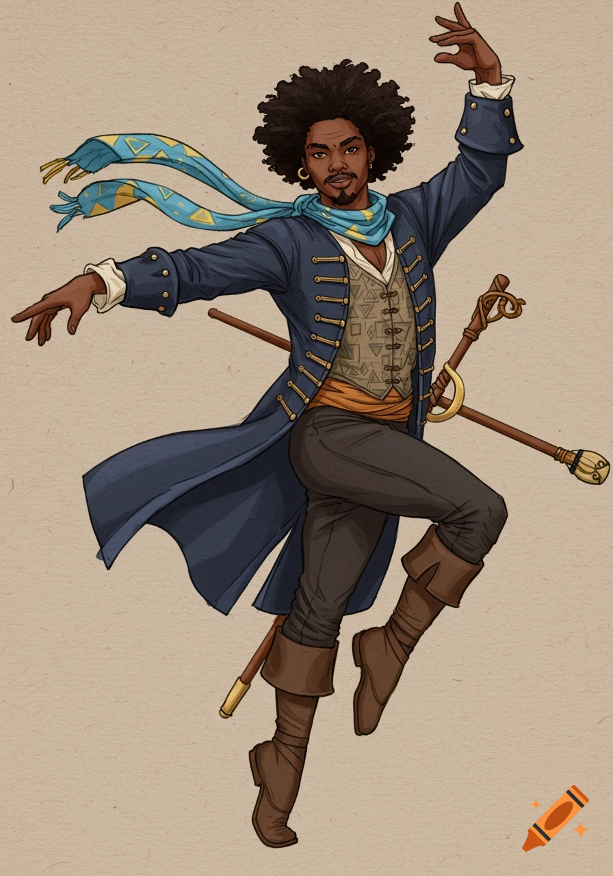 Illustrative full-body portrait of a Black male pirate ballerino bard in an indigo coat, ornate vest, and flowing blue-yellow scarf, posing gracefully with a staff. Painterly style.