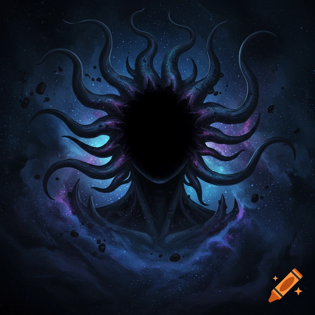 Eldritch cosmic being with a black hole face and swirling tentacles in a blue and purple nebula.