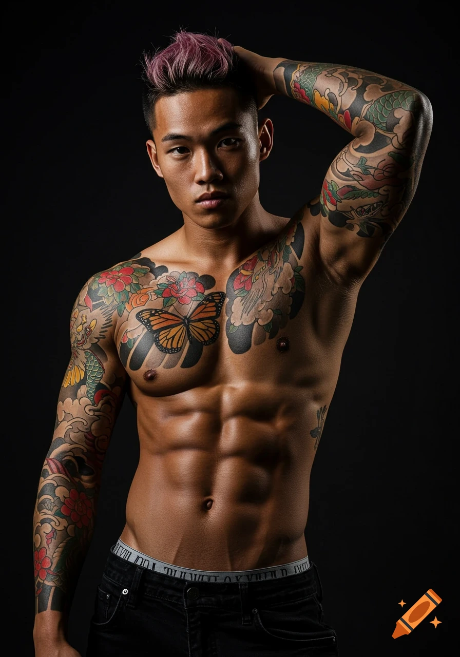Muscular Asian man with pink hair and full-sleeve Japanese tattoos, posing against a black background.