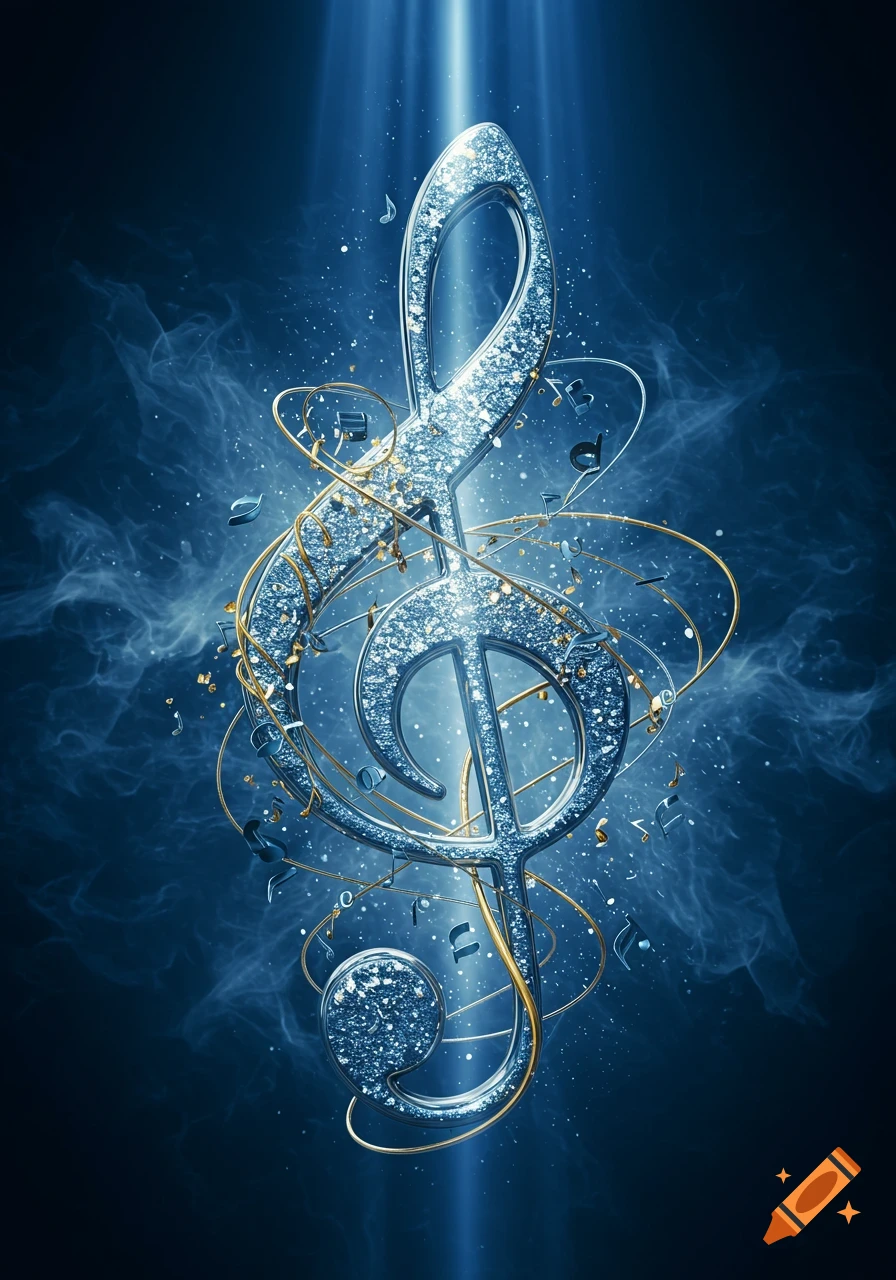 A sparkling silver treble clef with golden ribbons and floating musical notes against a dramatic blue, ethereal background.