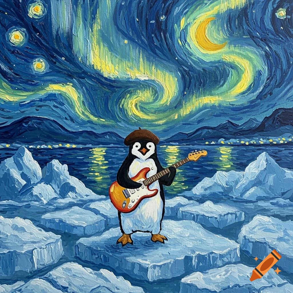A Van Gogh-style painting of a penguin in a beret playing an electric guitar on ice under a starry night sky.