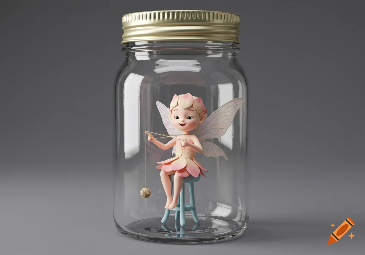 A cute, cartoonish fairy with pink petal clothing and wings sits on a small stool inside a mason jar, playing cat's cradle with string.