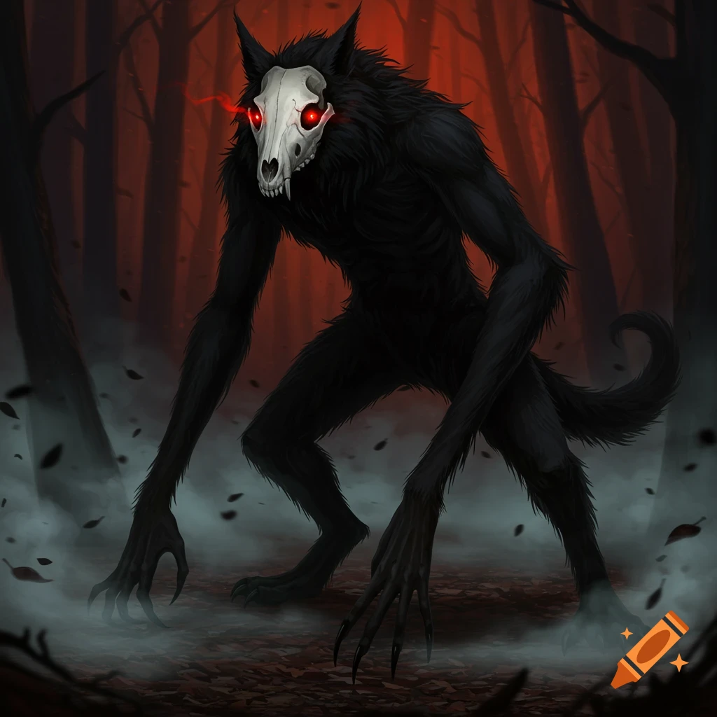 A bipedal, black-furred creature with a wolf skull head, glowing red eyes, and long claws stands in a dark, misty forest.
