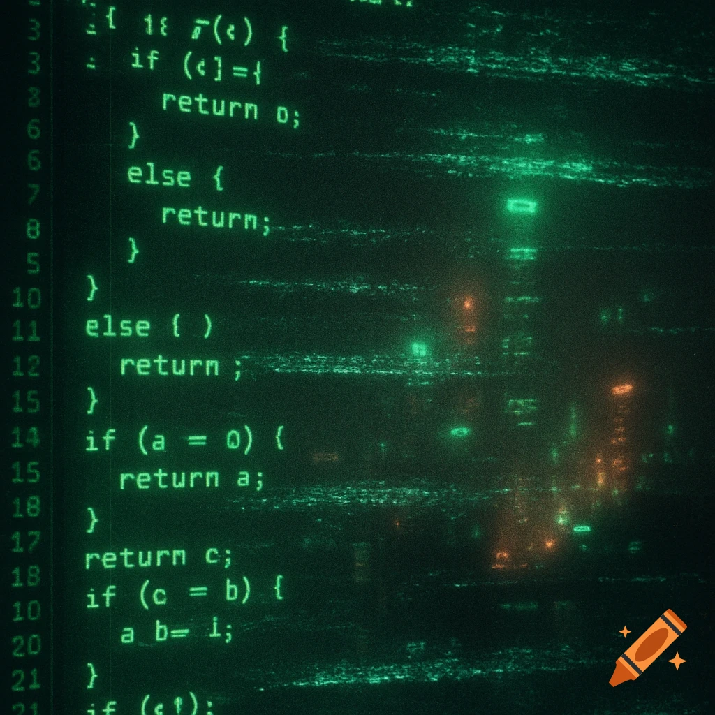 Neon green computer code flickering and glitching on a dark screen, with a cyberpunk aesthetic.