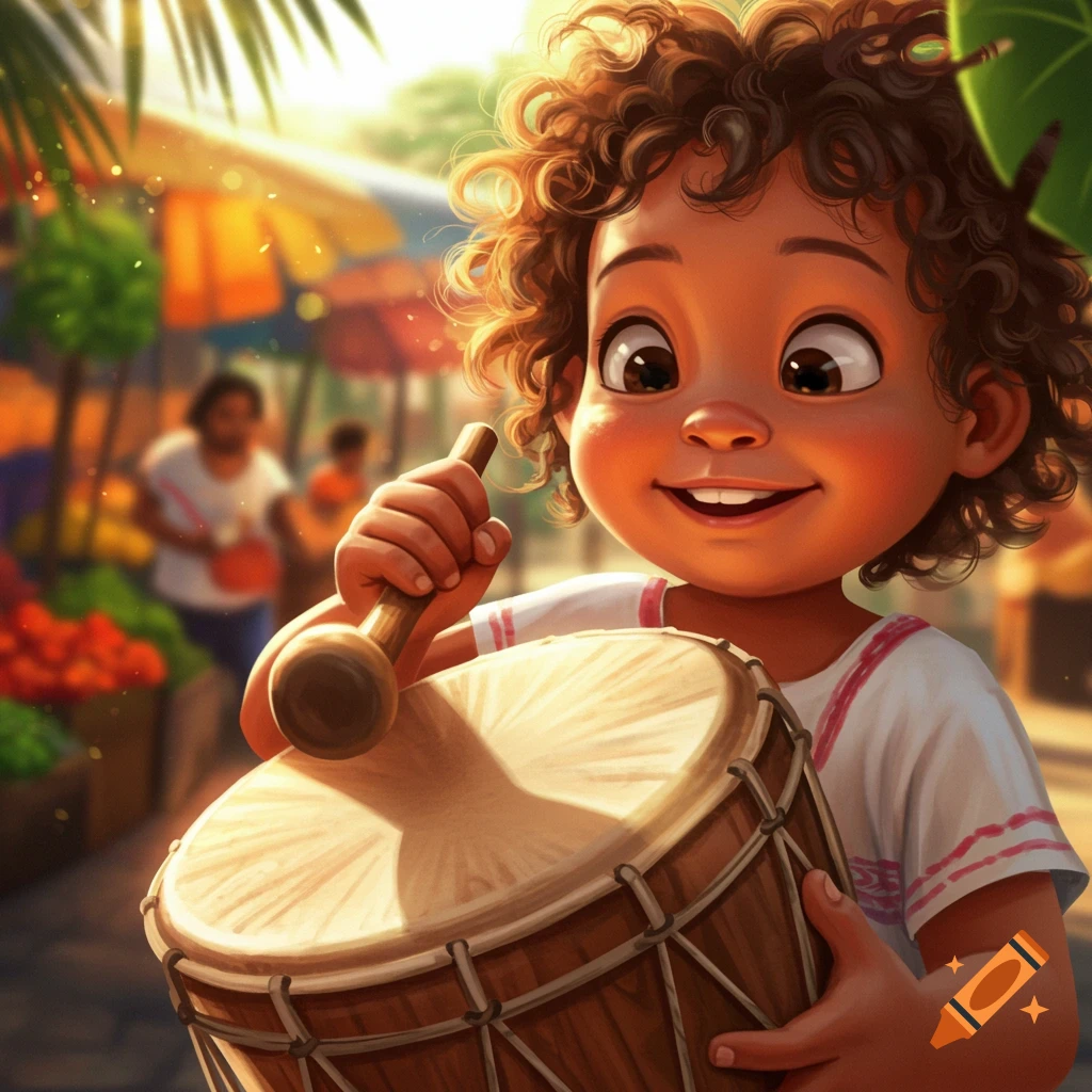 A smiling, curly-haired child plays a drum with a stick in a sunny, bustling market. Illustration style.