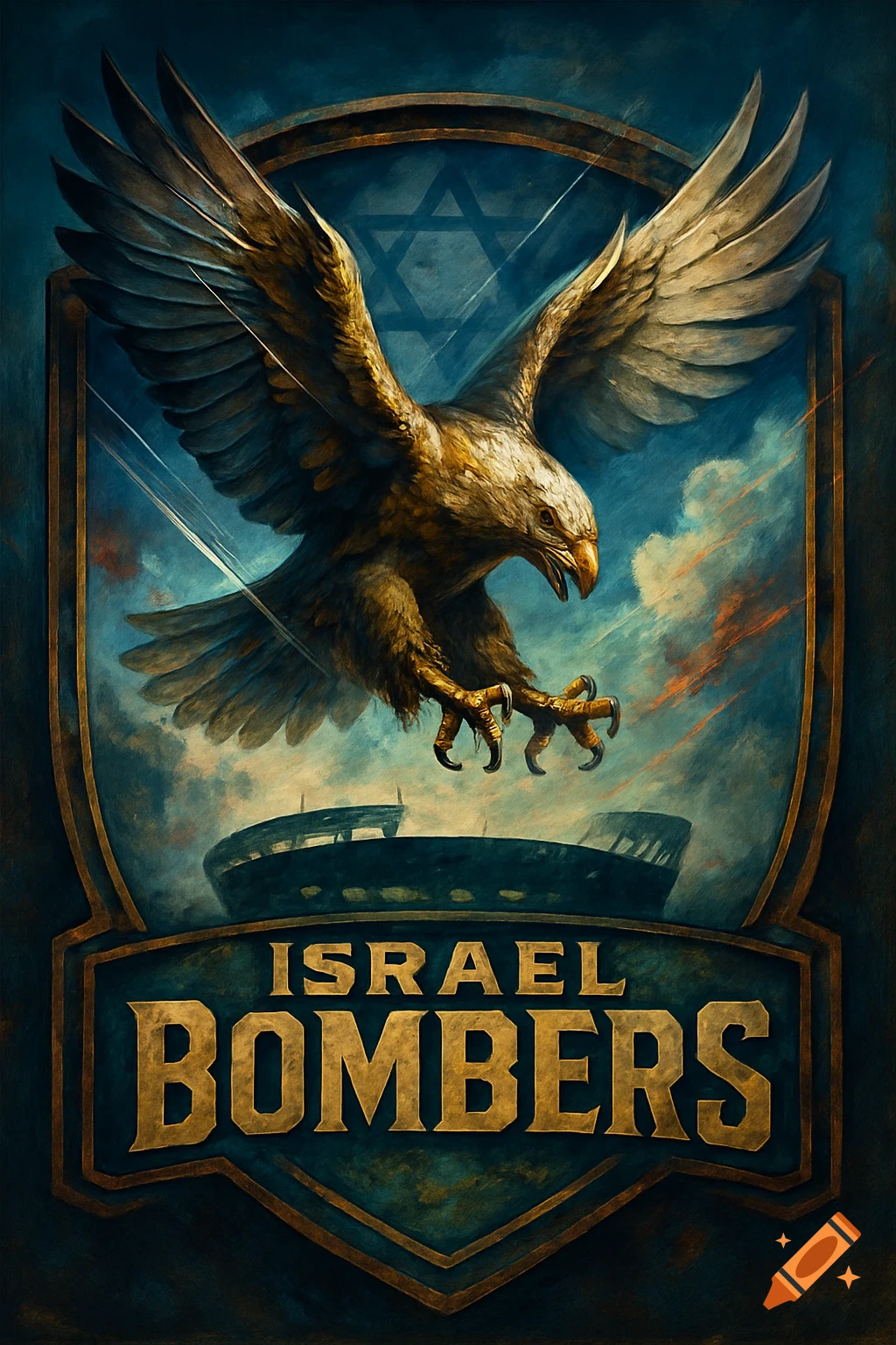 Fantasy football logo with a fierce eagle, a stadium, 'ISRAEL BOMBERS' text, and a Star of David.
