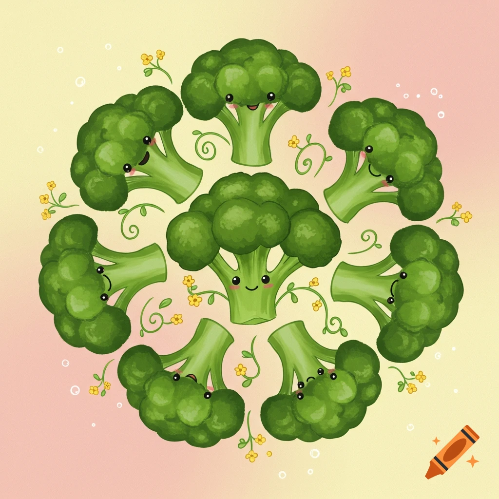 A circular arrangement of cute, smiling cartoon broccoli florets with tiny yellow flowers and green vines on a soft gradient background.