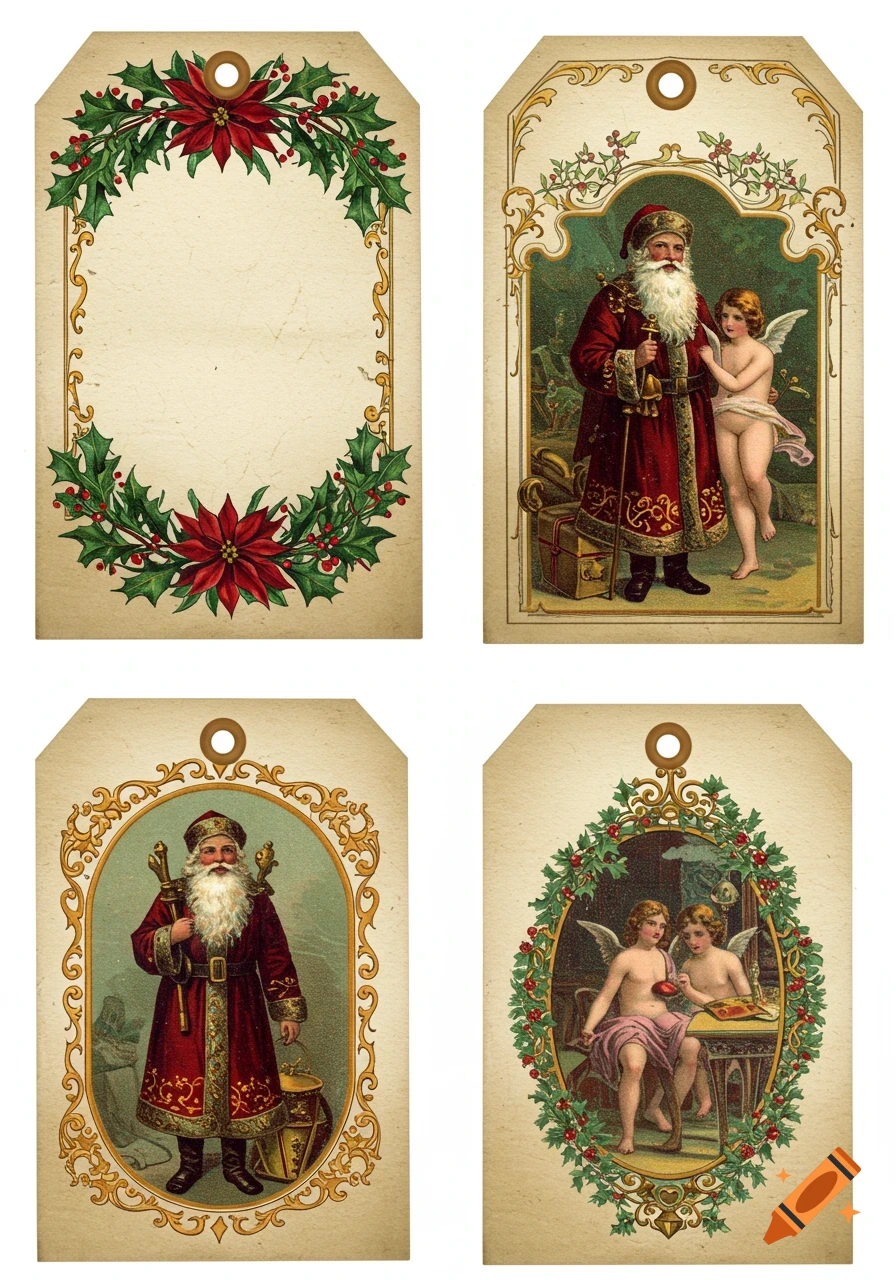 Four vintage Victorian Christmas journal tags with ornate borders, holly, poinsettias, Father Christmas, cherubs, and aged parchment texture.
