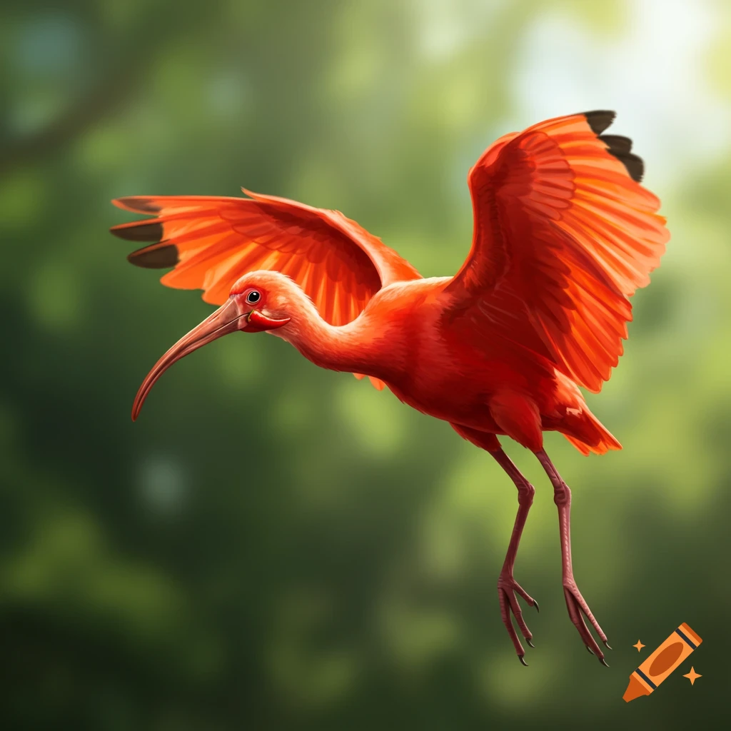 A vibrant red ibis bird in flight against a blurred green background.
