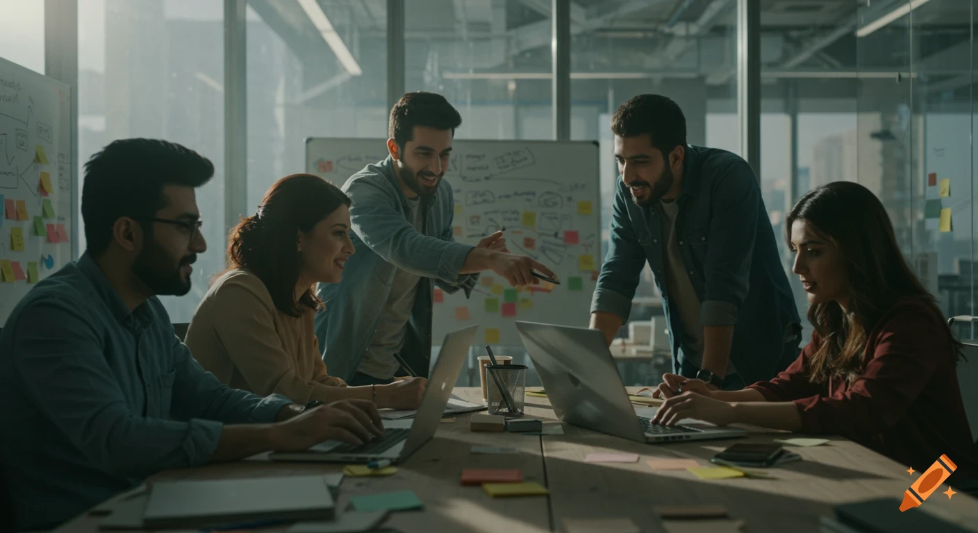 A creative marketing team collaborates in a modern office, working on laptops with a whiteboard and post-it notes in the background.