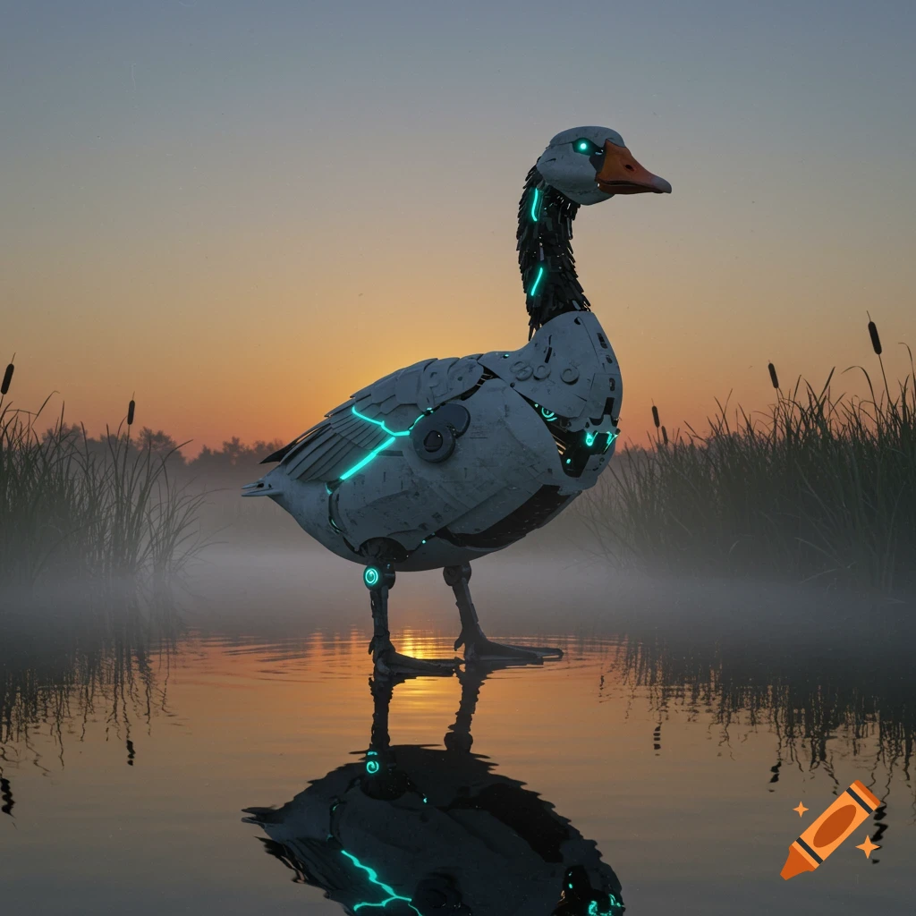 A photorealistic mecha goose with glowing blue accents stands in calm water with reeds at sunset, its reflection visible.