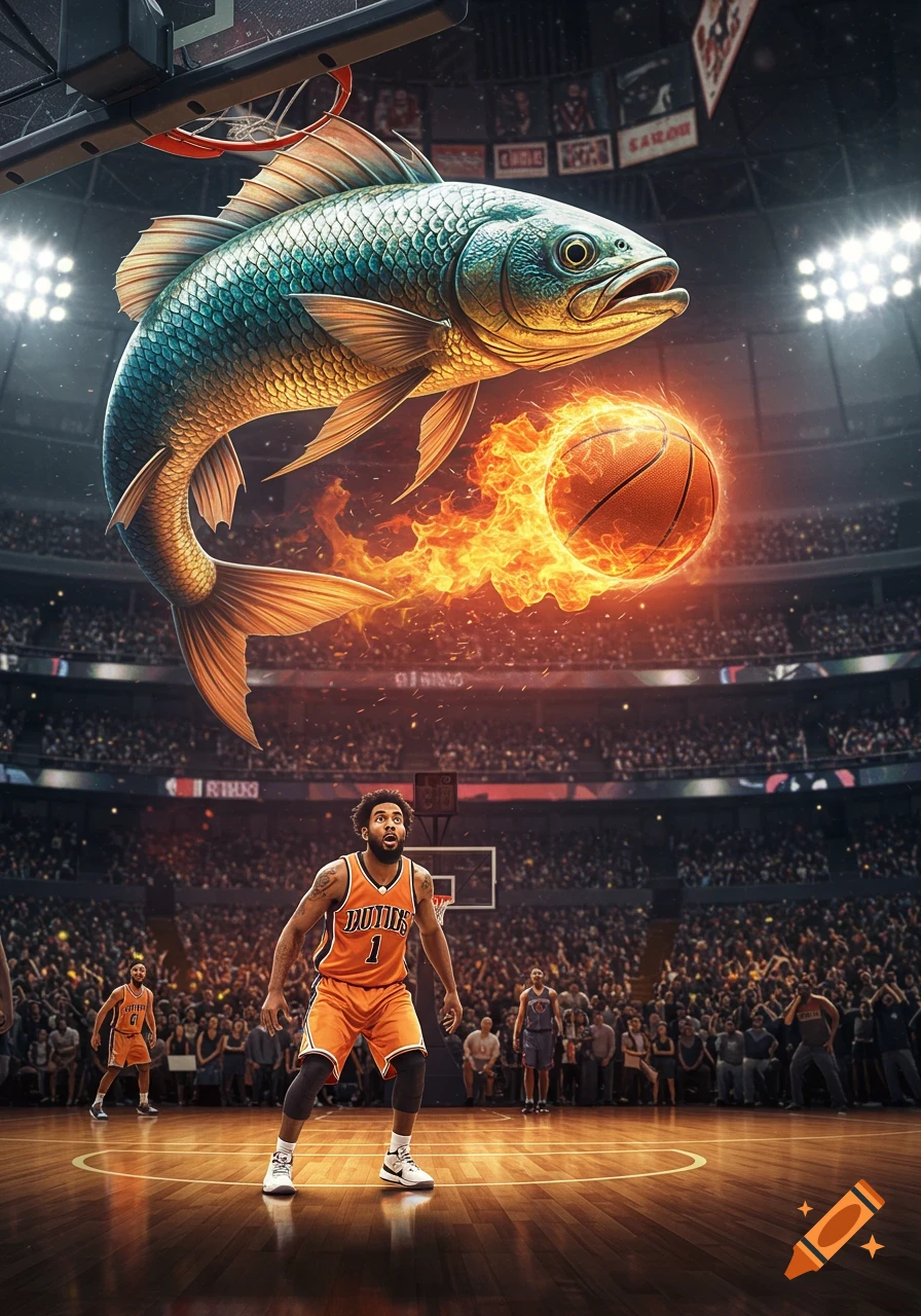 A giant fish with a fiery basketball is about to dunk over a surprised basketball player with a beard in a crowded stadium. Photorealistic style.