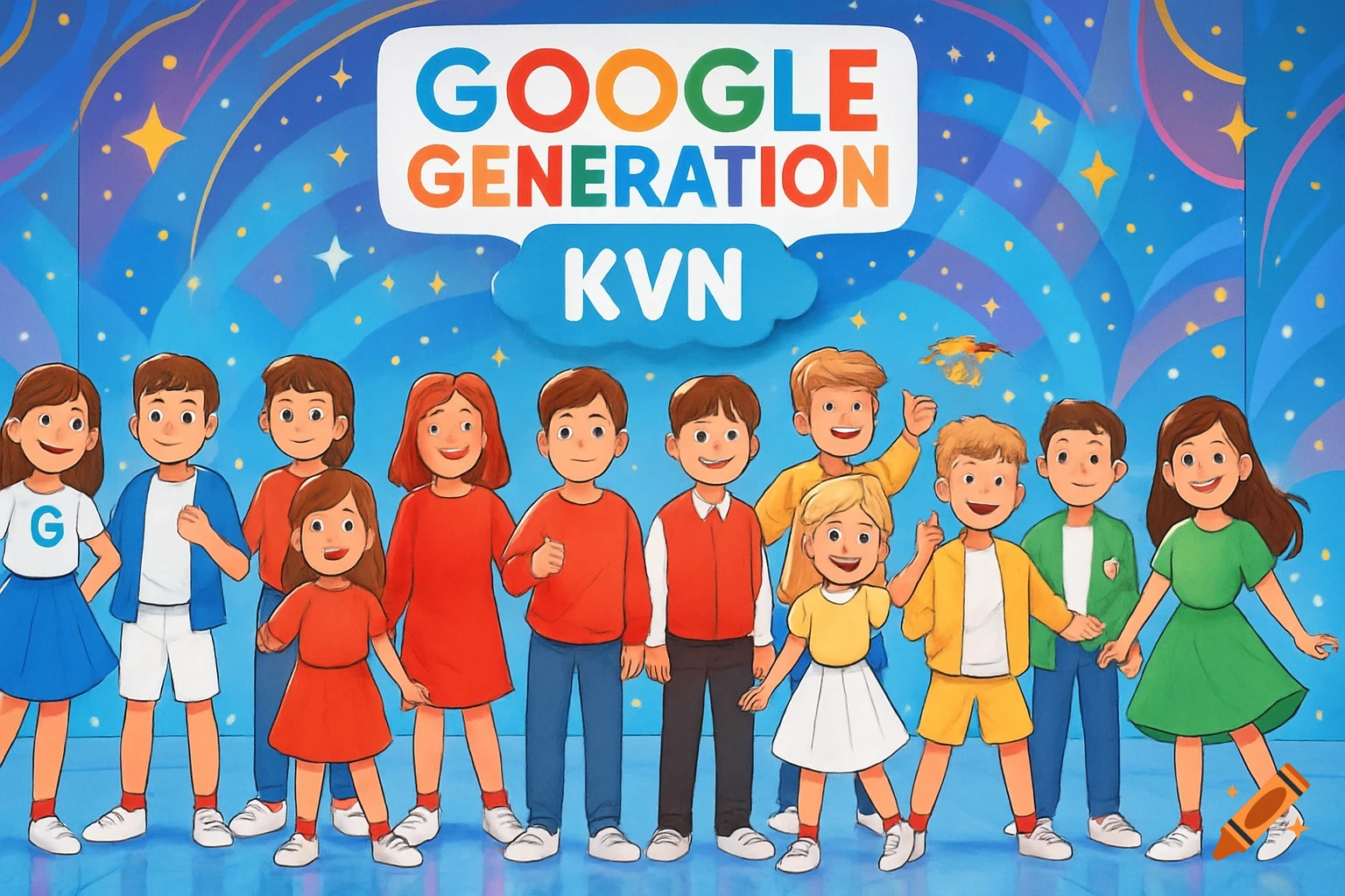 A cartoon illustration of 13 children standing in rows on a stage under a banner that reads "GOOGLE GENERATION KVN".