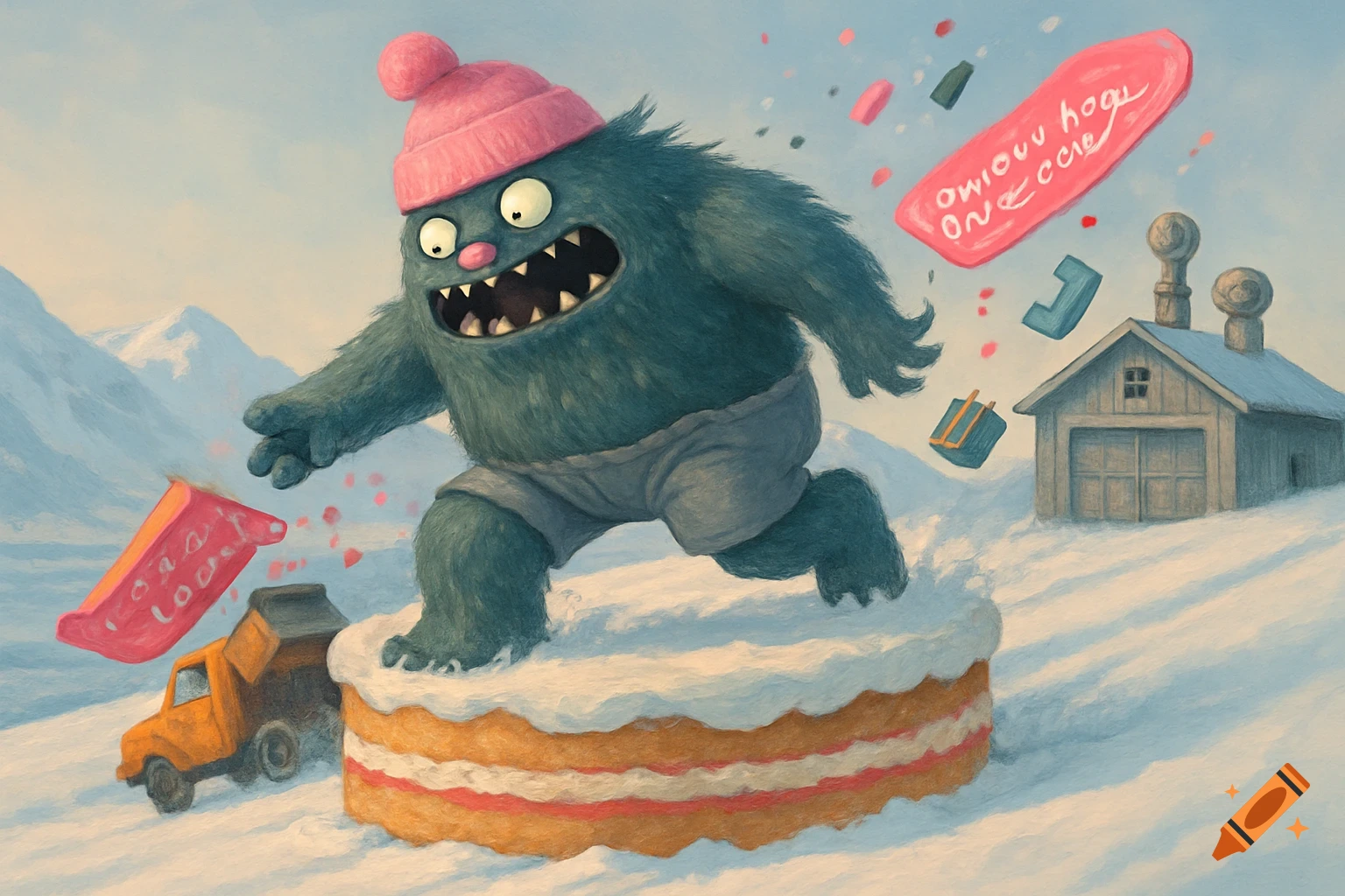 A whimsical illustration of a furry green monster in a pink hat and grey shorts, running on a cake in a snowy mountain landscape, with abstract pink and blue objects flying around.