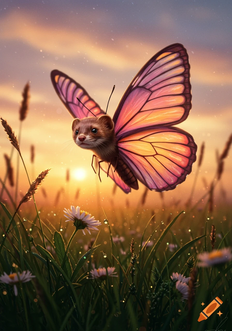 A whimsical ferret-headed butterfly with vibrant pink and orange wings flies over a dew-kissed meadow at sunset.