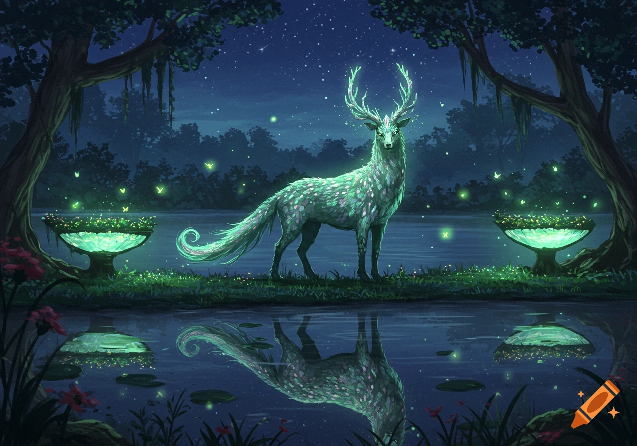 A glowing green deer with luminous antlers stands by a reflective lake in a magical night forest, surrounded by fireflies and glowing plants.