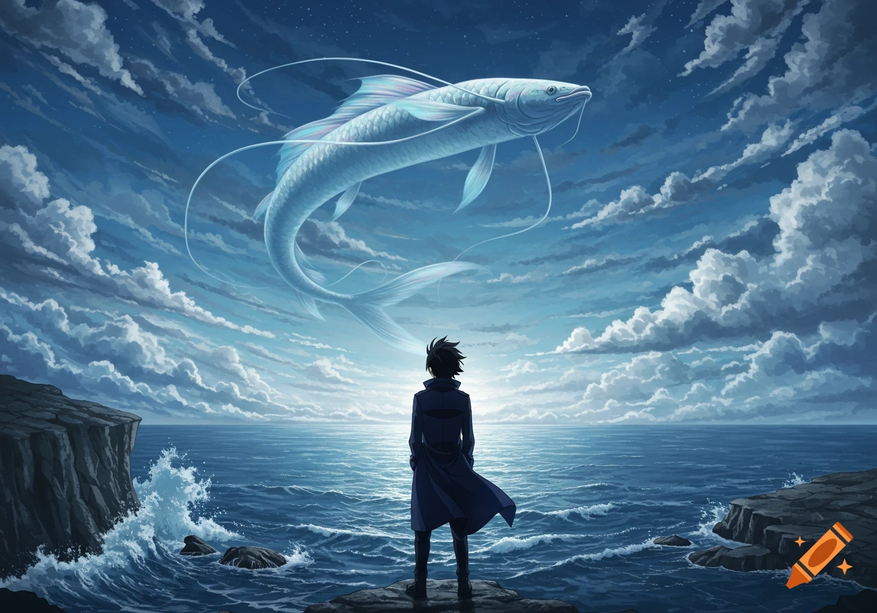 An anime man in a coat stands on a cliff overlooking the ocean, looking up at a giant luminous fish flying in a cloudy blue sky.