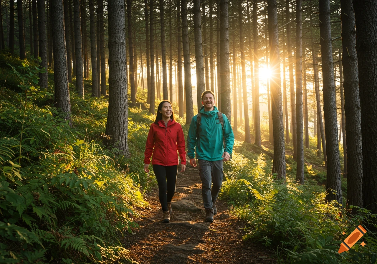 Two happy hikers, an Asian woman and Caucasian man, walk on a sunlit path through a lush forest.