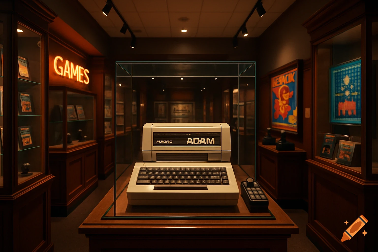 A retro ColecoVision Adam computer displayed in a dimly lit museum exhibit with a neon 'GAMES' sign in the background.