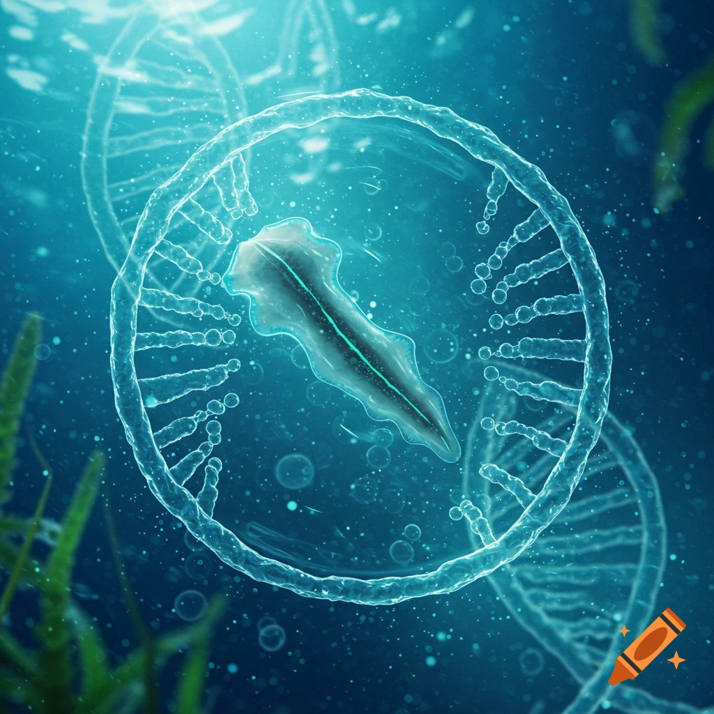A glowing, translucent flatworm-like organism within a circular DNA helix, surrounded by bubbles in a blue scientific illustration.