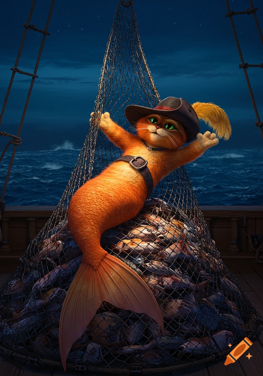 Puss in Boots with an orange mermaid tail, caught in a fishing net on a pile of fish on a ship at night.