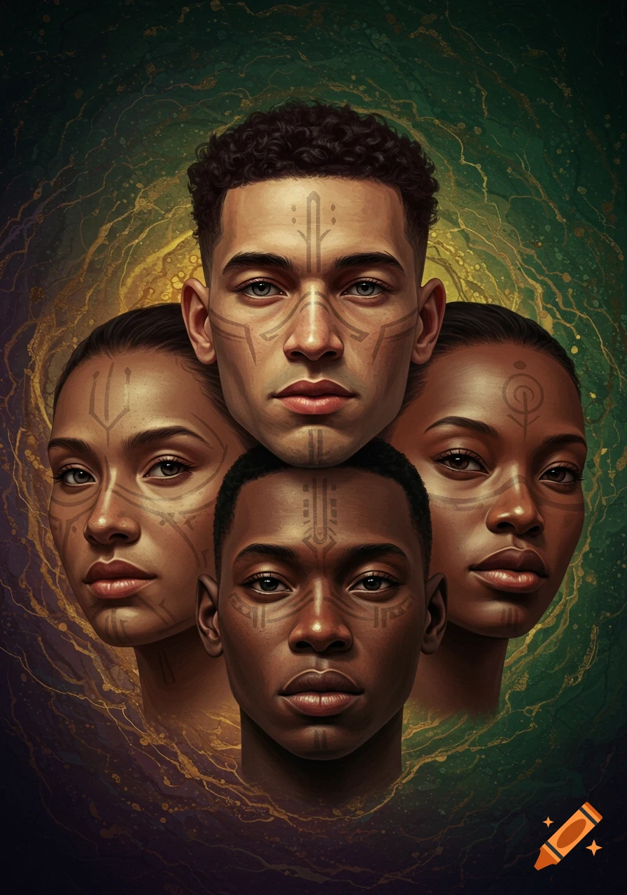 Four diverse faces, two men and two women, adorned with intricate tribal patterns, against a swirling green and gold background.
