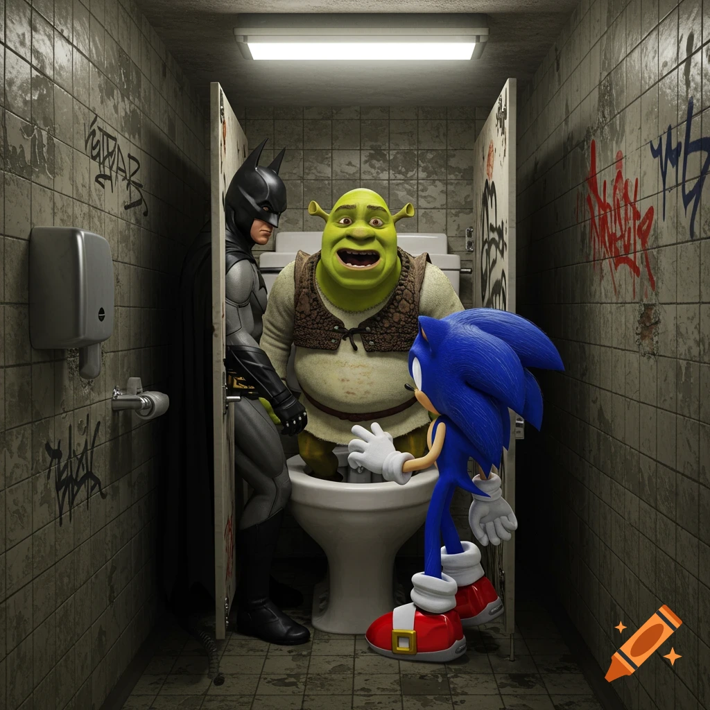 Batman, Shrek, and Sonic the Hedgehog are crowded into a dirty public toilet stall, with Shrek on the toilet.