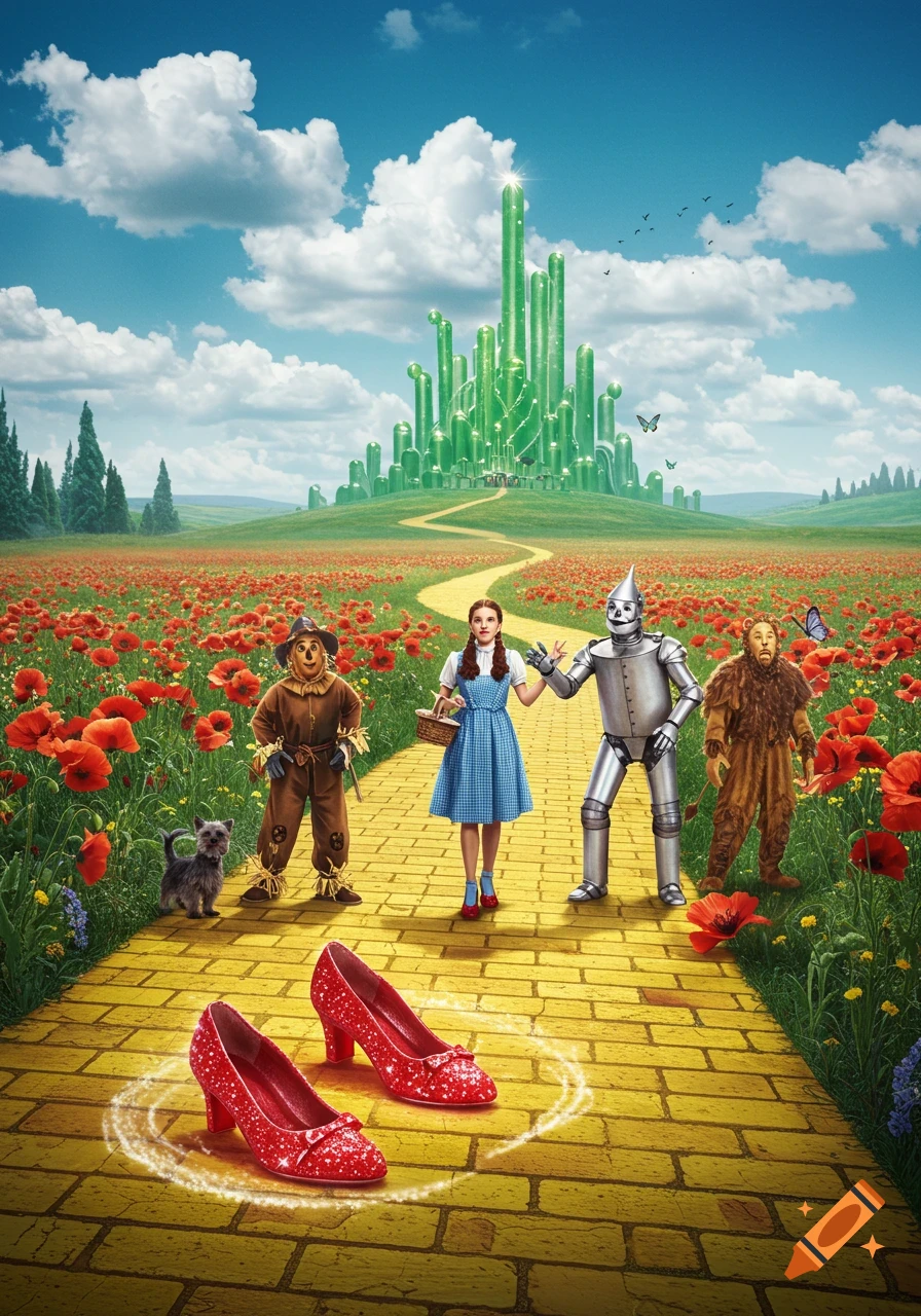 Dorothy, Scarecrow, Tin Man, Cowardly Lion, and Toto on the yellow brick road in a poppy field, with the Emerald City.